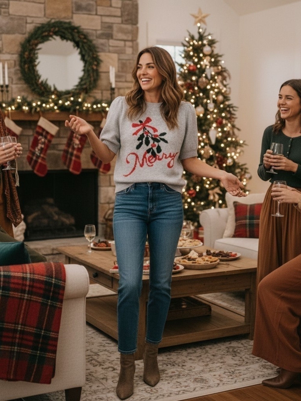 Merry Embroidered Holiday Sweater - Light Gray with Red & Green